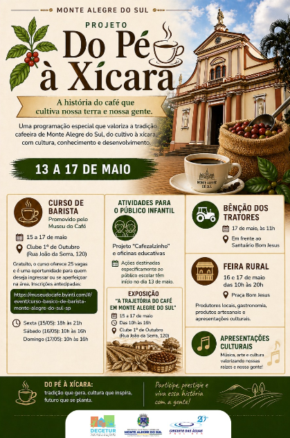 Do Pé à Xícara” valoriza a tradição cafeeira com programação cultural, educativa e rural em Monte Alegre do Sul