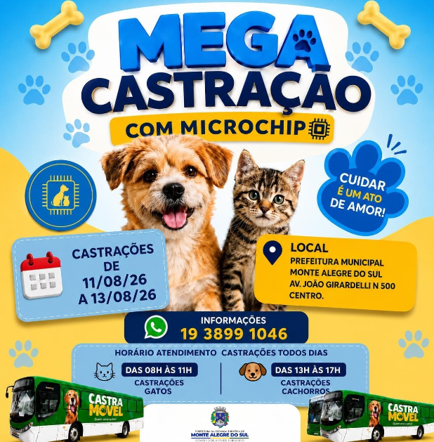 Monte Alegre do Sul realizará Mega Castração com Microchip entre os dias 11 e 13 de agosto