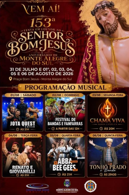 Shows prometem animar a 153ª Festa em Louvor ao Senhor Bom Jesus e Aniversário de Monte Alegre do Sul