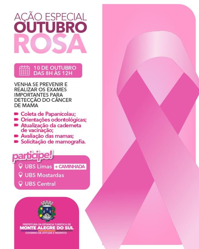 Outubro Rosa terá ação de prevenção e cuidados com a saúde em Monte Alegre do Sul