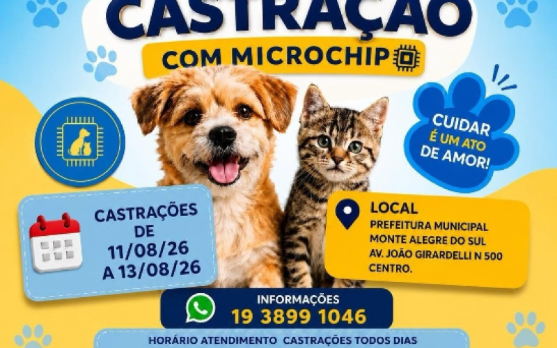 Monte Alegre do Sul realizará Mega Castração com Microchip entre os dias 11 e 13 de agosto