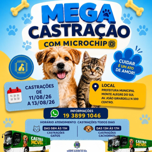 Monte Alegre do Sul realizará Mega Castração com Microchip entre os dias 11 e 13 de agosto