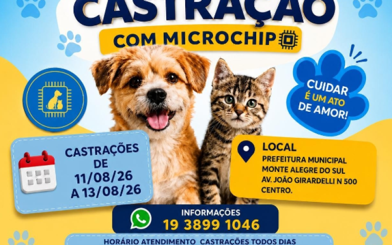 Monte Alegre do Sul realizará Mega Castração com Microchip entre os dias 11 e 13 de agosto