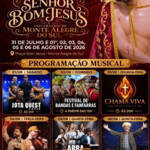 Shows prometem animar a 153ª Festa em Louvor ao Senhor Bom Jesus e Aniversário de Monte Alegre do Sul
