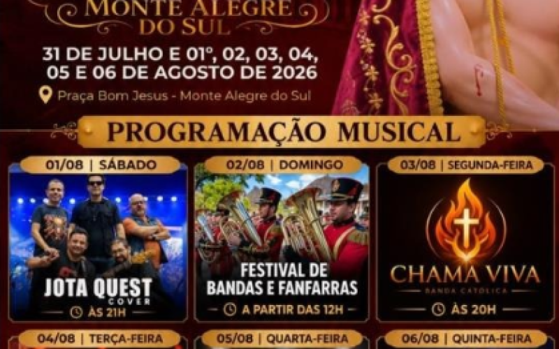 Shows prometem animar a 153ª Festa em Louvor ao Senhor Bom Jesus e Aniversário de Monte Alegre do Sul