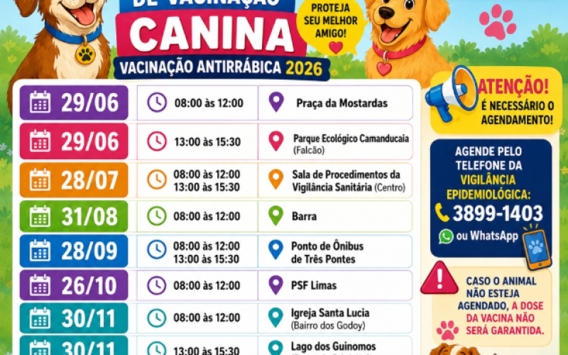 Prefeitura divulga cronograma da vacinação antirrábica 2026