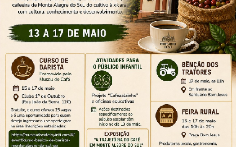 Do Pé à Xícara” valoriza a tradição cafeeira com programação cultural, educativa e rural em Monte Alegre do Sul