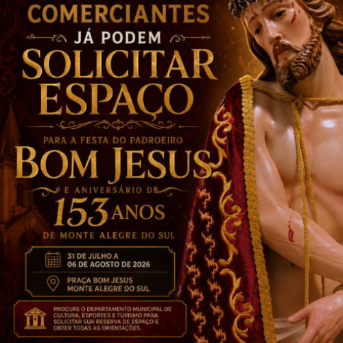 Expositores e comerciantes já podem solicitar espaço para a Festa do Padroeiro Bom Jesus e aniversário de 153 anos de Monte Alegre do Sul