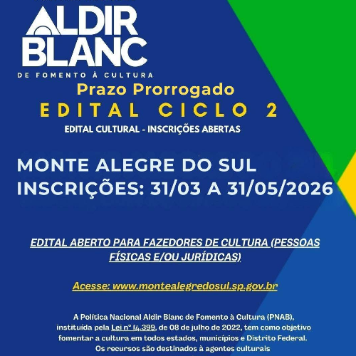 Monte Alegre do Sul prorroga inscrições para o Edital Aldir Blanc (PNAB Ciclo 2)